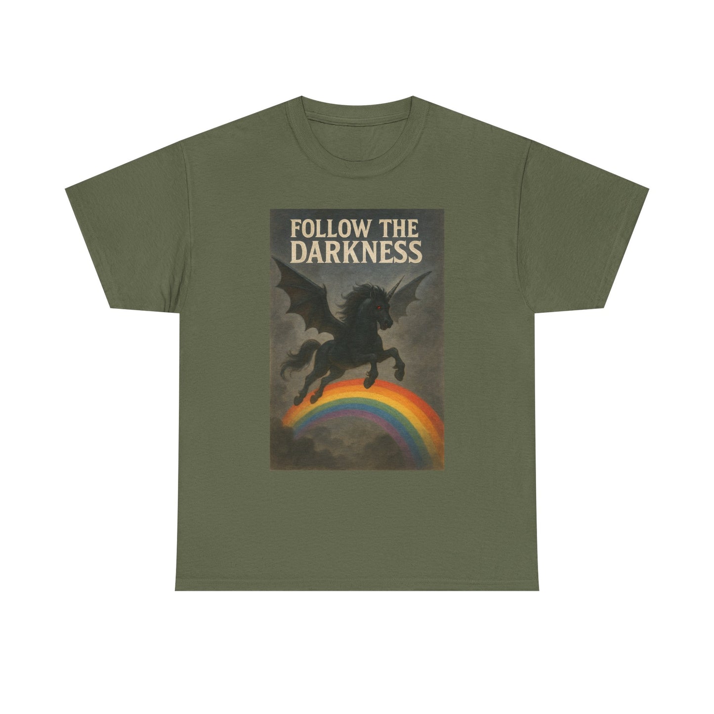 Follow the Darkness - Unicorn Tee, Unisex Heavy Cotton Tee, Boho Style Shirt, Gift for Dreamers, Unique Graphic Tee, Statement T-Shirt