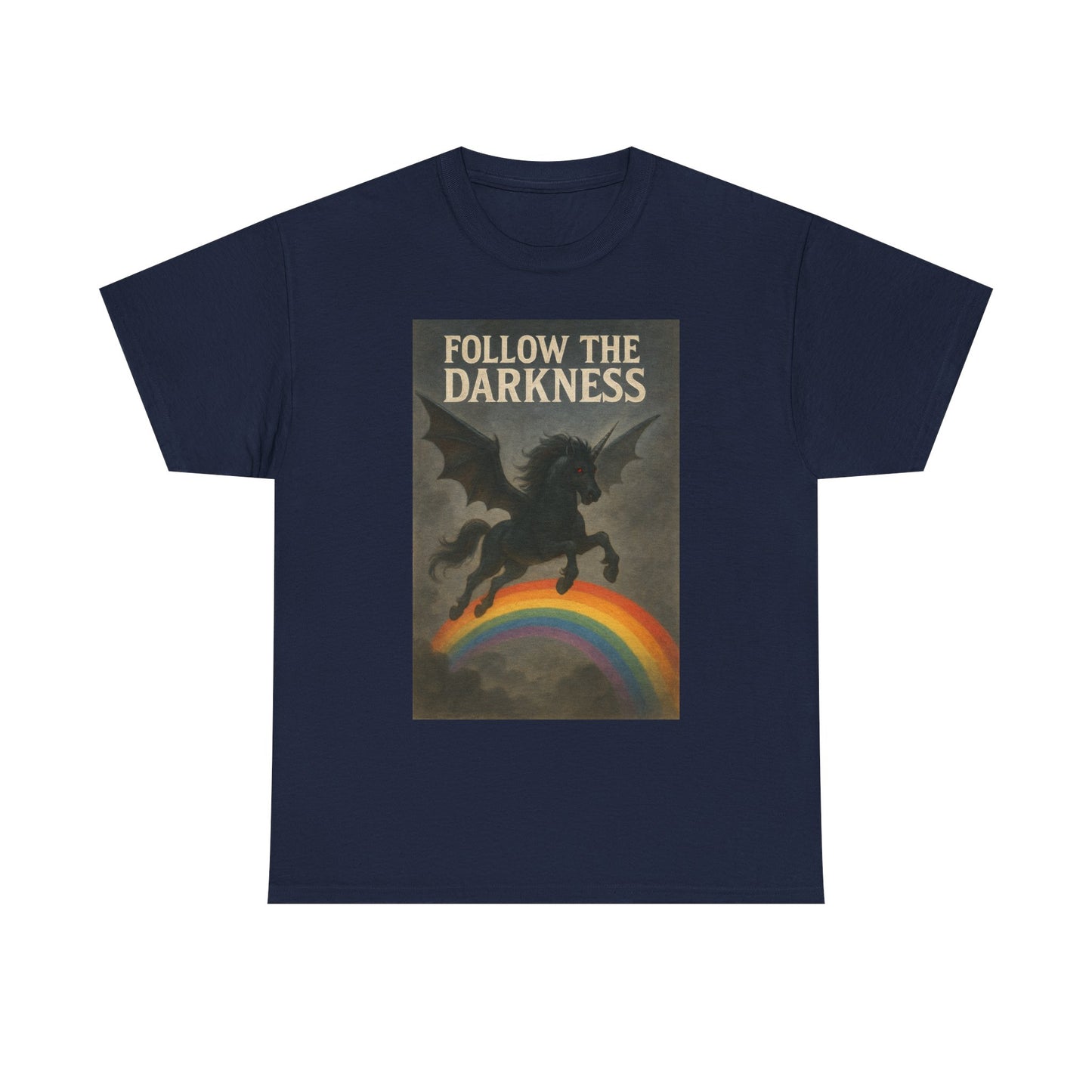Follow the Darkness - Unicorn Tee, Unisex Heavy Cotton Tee, Boho Style Shirt, Gift for Dreamers, Unique Graphic Tee, Statement T-Shirt