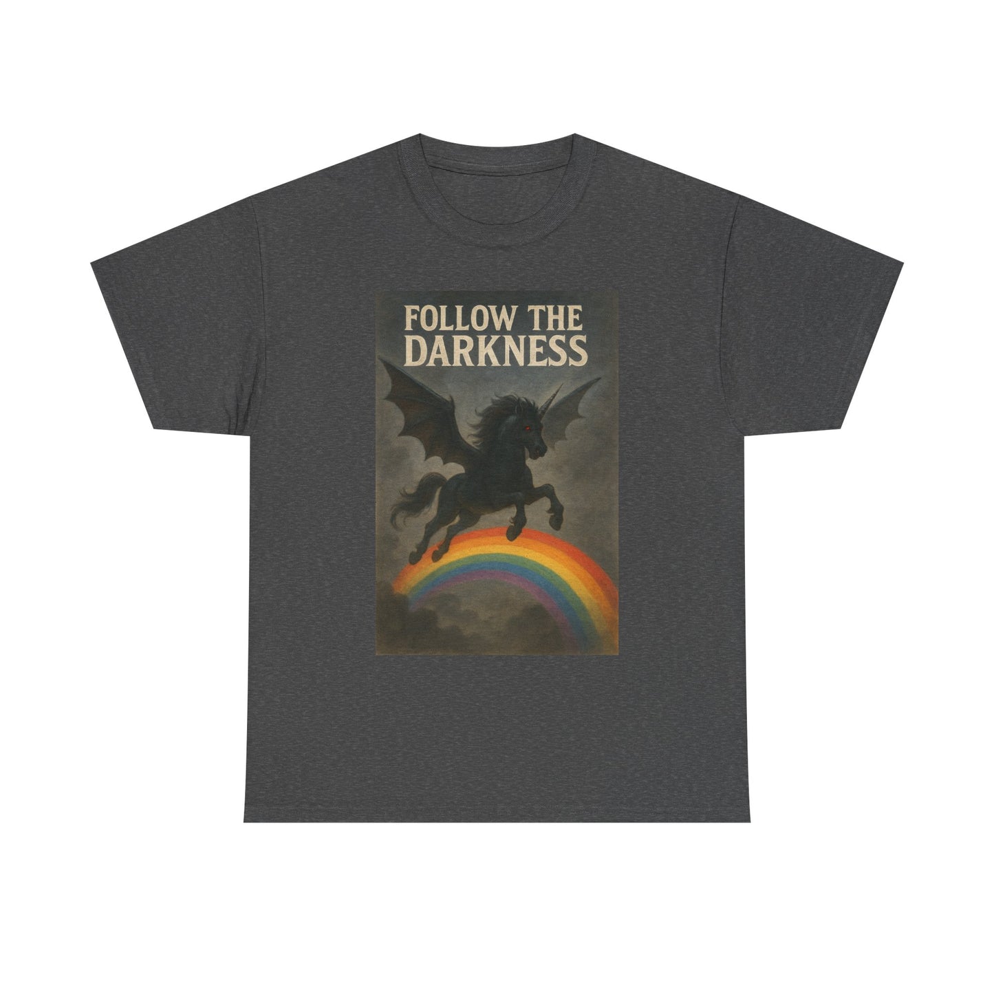 Follow the Darkness - Unicorn Tee, Unisex Heavy Cotton Tee, Boho Style Shirt, Gift for Dreamers, Unique Graphic Tee, Statement T-Shirt