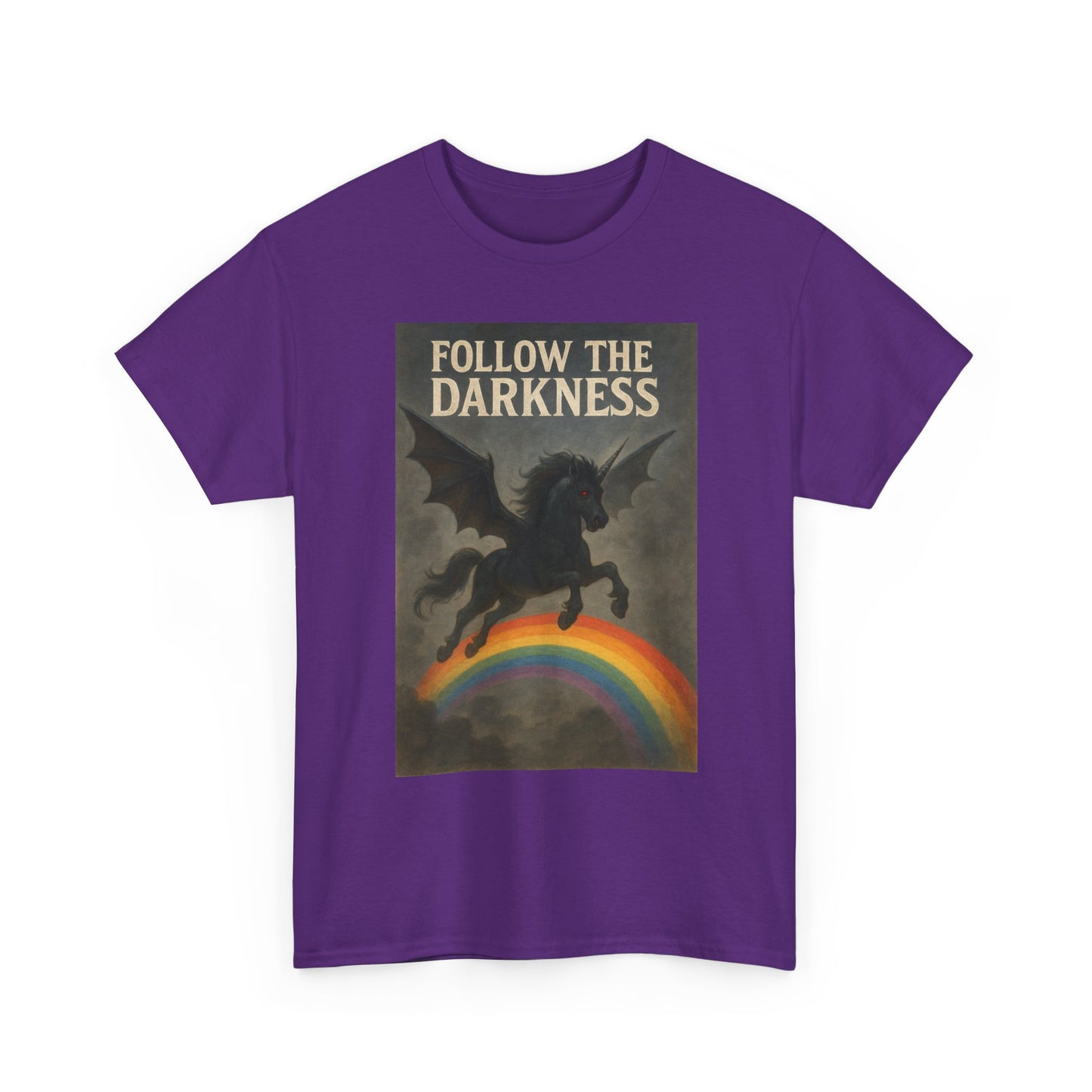 Follow the Darkness - Unicorn Tee, Unisex Heavy Cotton Tee, Boho Style Shirt, Gift for Dreamers, Unique Graphic Tee, Statement T-Shirt