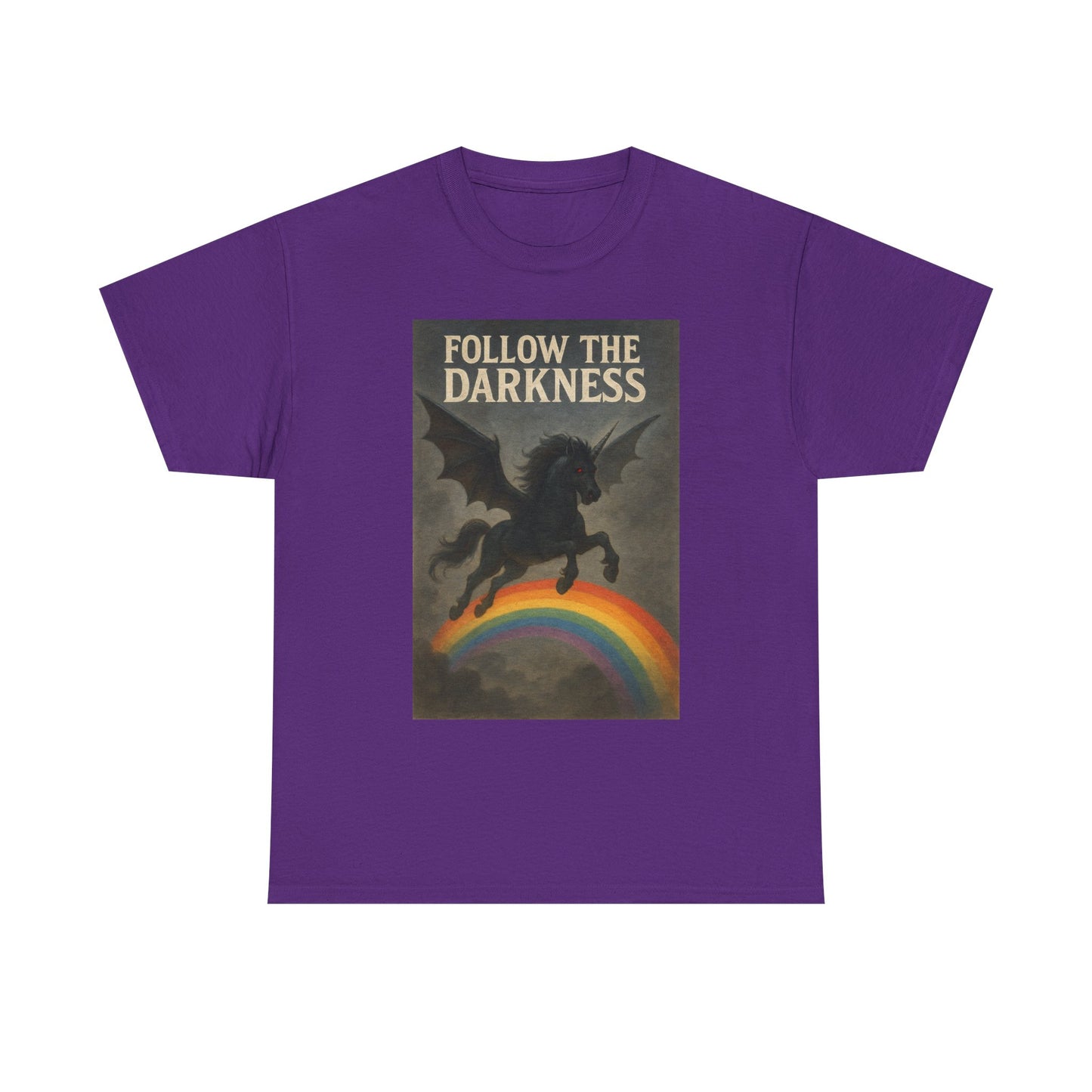 Follow the Darkness - Unicorn Tee, Unisex Heavy Cotton Tee, Boho Style Shirt, Gift for Dreamers, Unique Graphic Tee, Statement T-Shirt