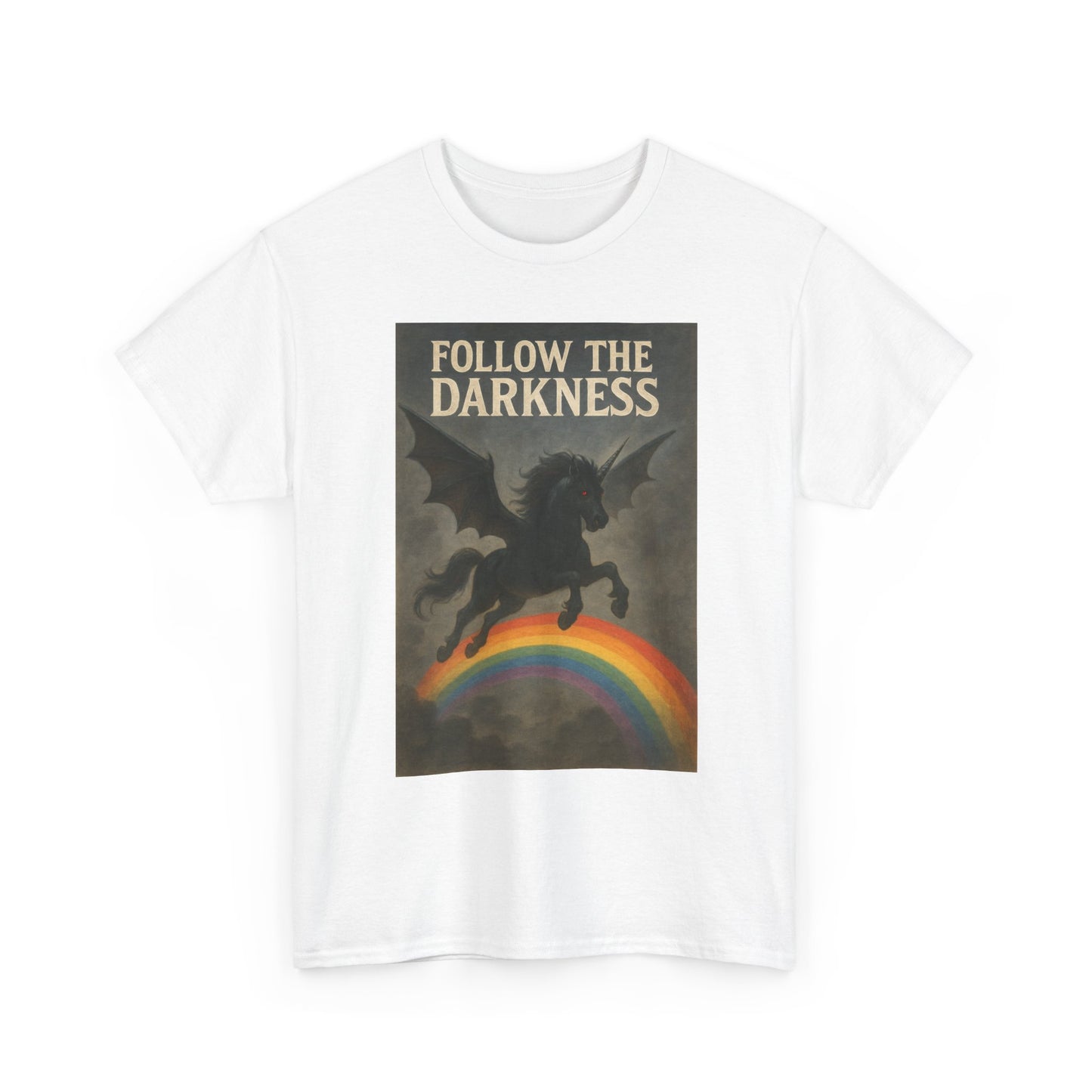 Follow the Darkness - Unicorn Tee, Unisex Heavy Cotton Tee, Boho Style Shirt, Gift for Dreamers, Unique Graphic Tee, Statement T-Shirt