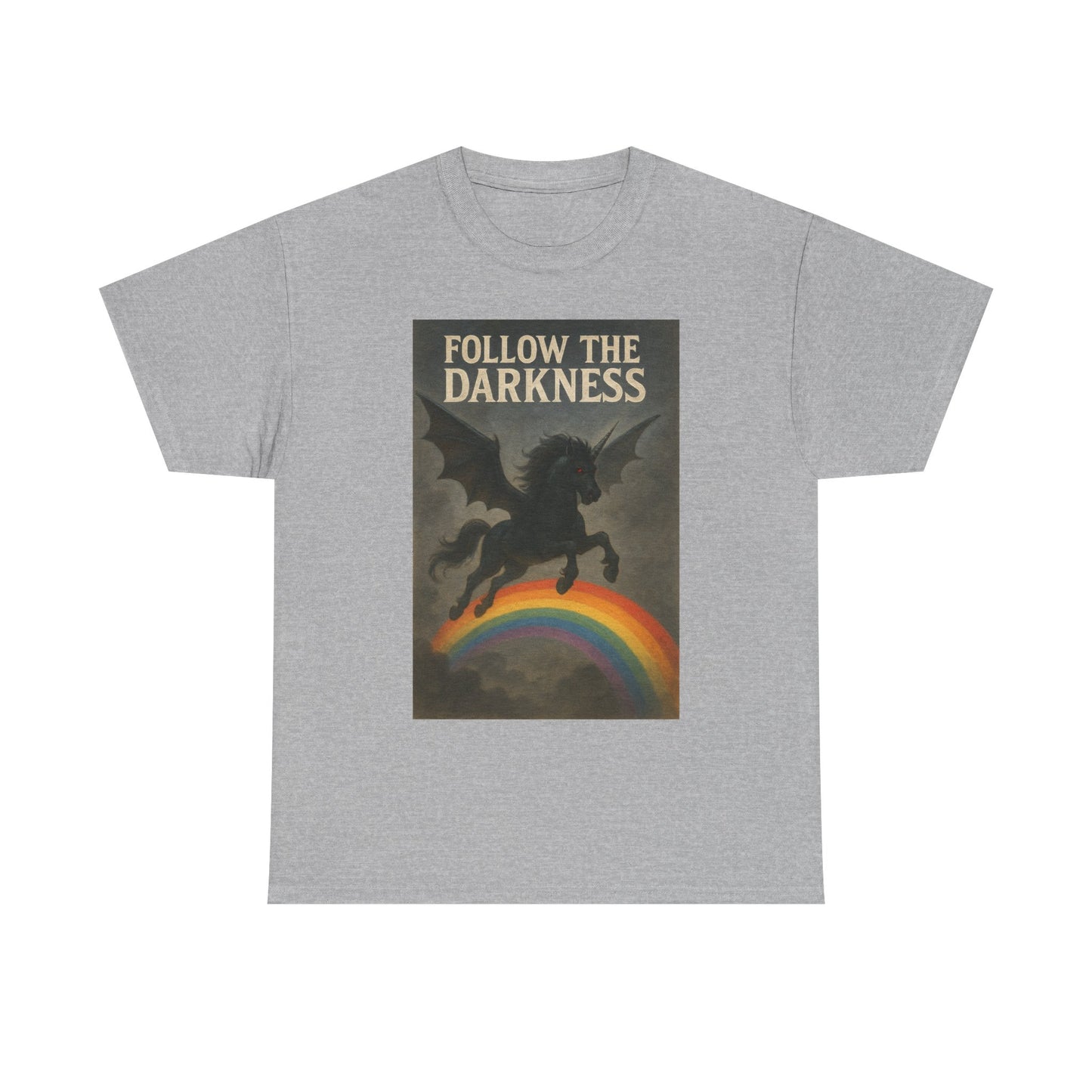 Follow the Darkness - Unicorn Tee, Unisex Heavy Cotton Tee, Boho Style Shirt, Gift for Dreamers, Unique Graphic Tee, Statement T-Shirt