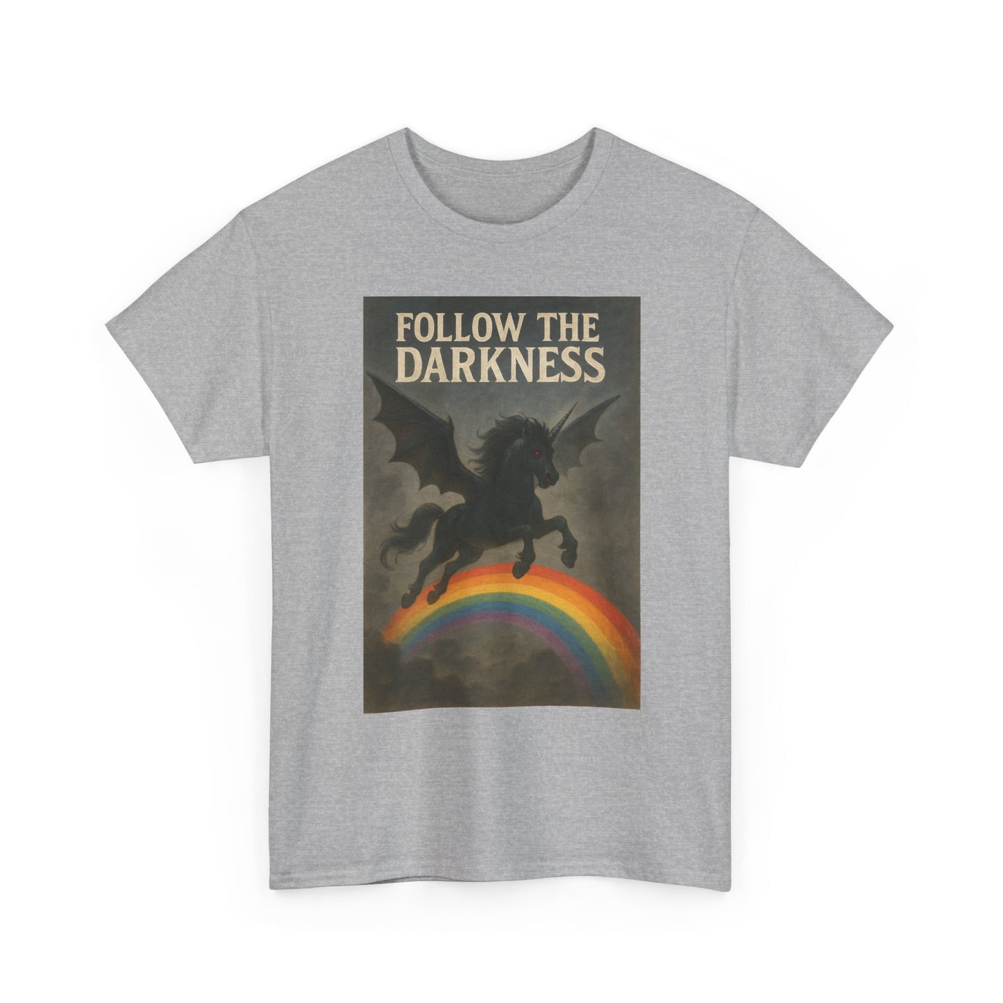 Follow the Darkness - Unicorn Tee, Unisex Heavy Cotton Tee, Boho Style Shirt, Gift for Dreamers, Unique Graphic Tee, Statement T-Shirt