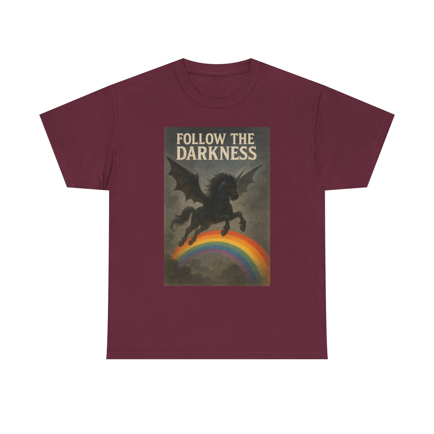 Follow the Darkness - Unicorn Tee, Unisex Heavy Cotton Tee, Boho Style Shirt, Gift for Dreamers, Unique Graphic Tee, Statement T-Shirt