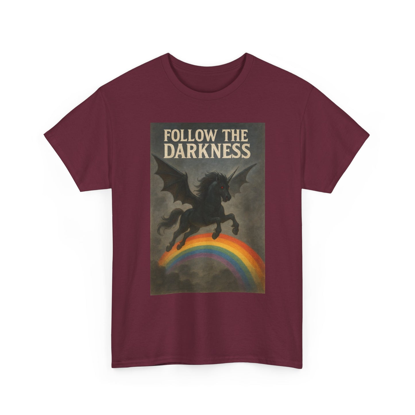 Follow the Darkness - Unicorn Tee, Unisex Heavy Cotton Tee, Boho Style Shirt, Gift for Dreamers, Unique Graphic Tee, Statement T-Shirt