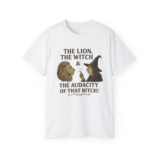 The Lion, the witch & the Audacity Tee, Unisex Cotton T-Shirt for Readers, Book Lovers Gift, Nerdy Humor Shirt, Unique Conversation Starter