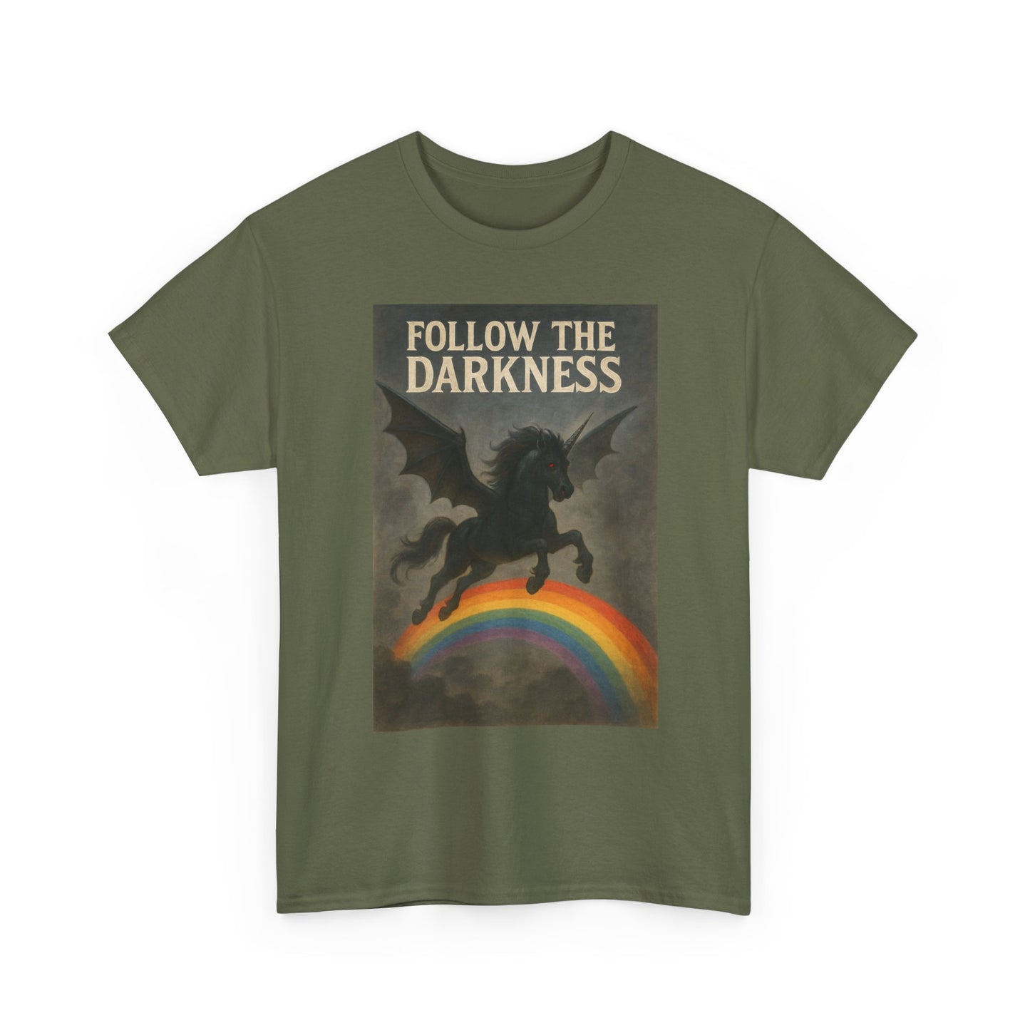 Follow the Darkness - Unicorn Tee, Unisex Heavy Cotton Tee, Boho Style Shirt, Gift for Dreamers, Unique Graphic Tee, Statement T-Shirt