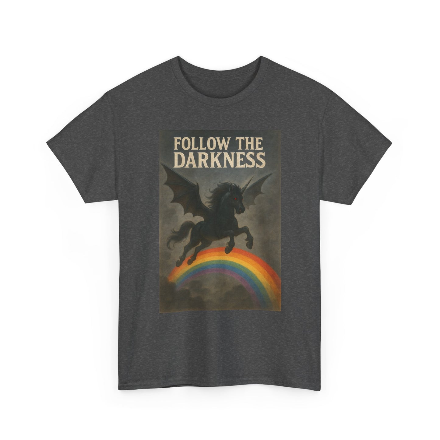 Follow the Darkness - Unicorn Tee, Unisex Heavy Cotton Tee, Boho Style Shirt, Gift for Dreamers, Unique Graphic Tee, Statement T-Shirt