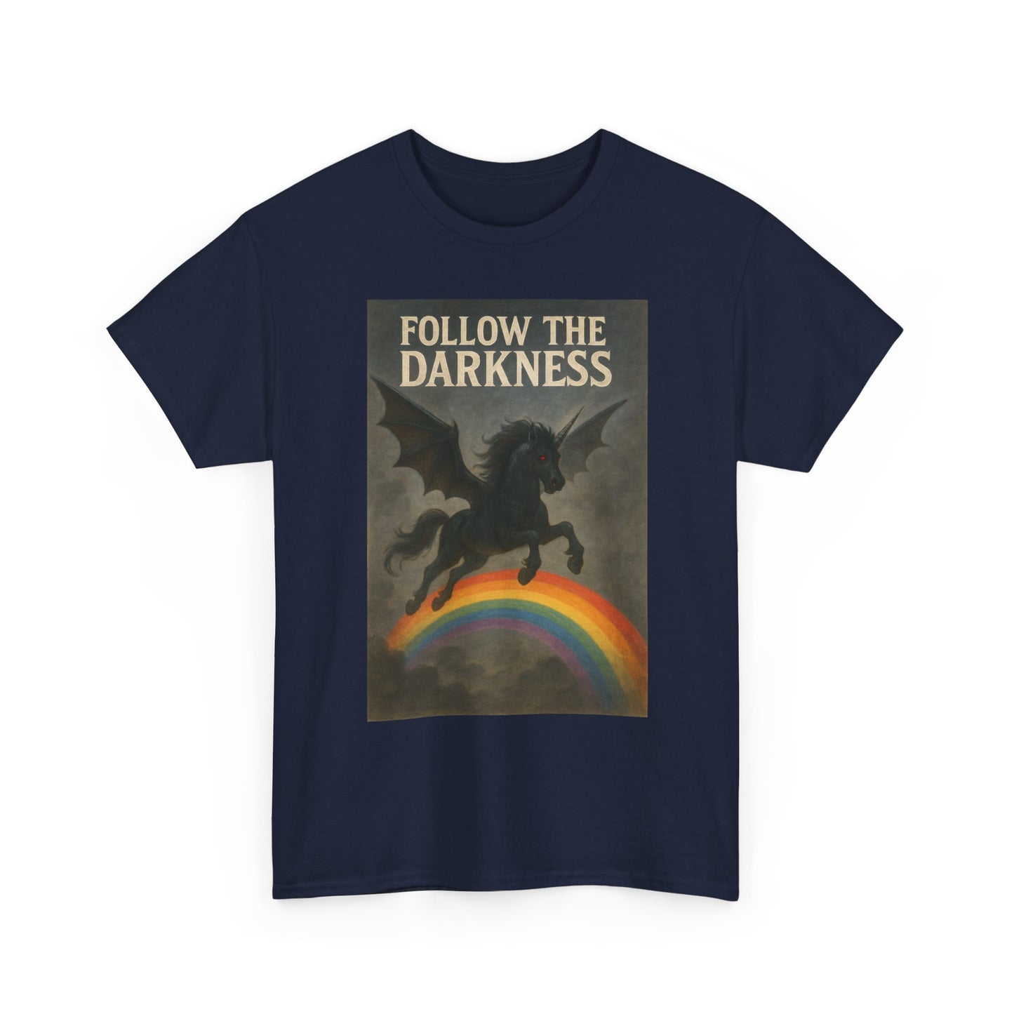 Follow the Darkness - Unicorn Tee, Unisex Heavy Cotton Tee, Boho Style Shirt, Gift for Dreamers, Unique Graphic Tee, Statement T-Shirt