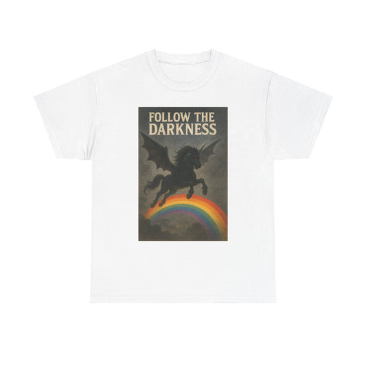 Follow the Darkness - Unicorn Tee, Unisex Heavy Cotton Tee, Boho Style Shirt, Gift for Dreamers, Unique Graphic Tee, Statement T-Shirt